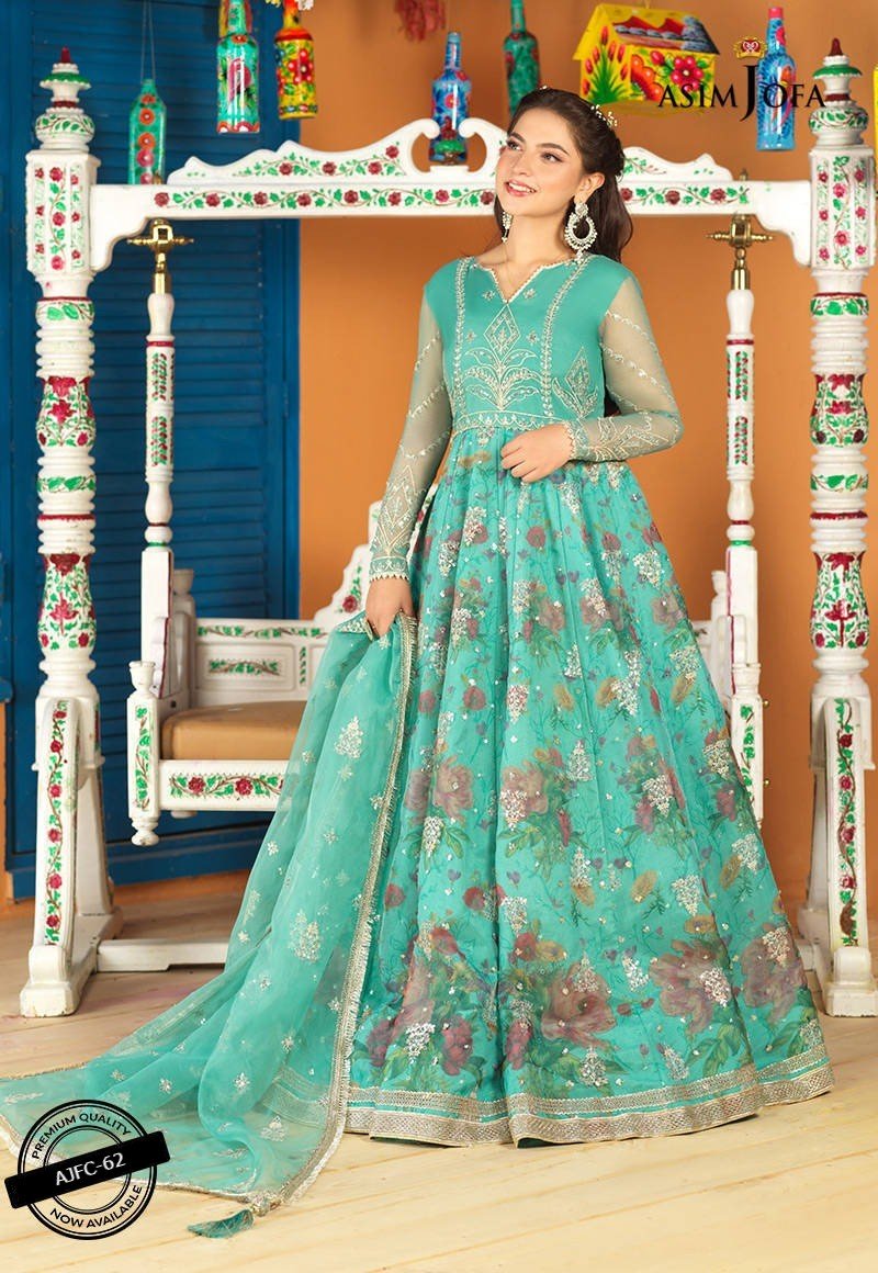 Asim Jofa 3 Piece Embroidered Suit - Aqua Blue AJFC-62