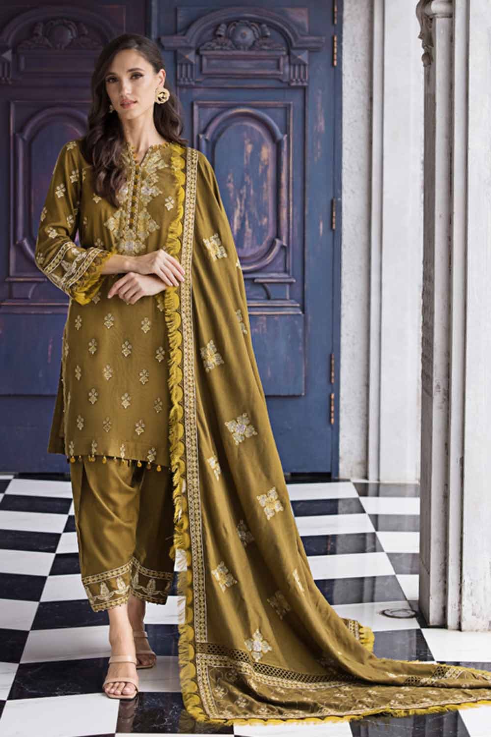 Gul Ahmed 3PC Embroidered Pashmina Unstitched Suit with Embroidered Pashmina Shawl AP-32073