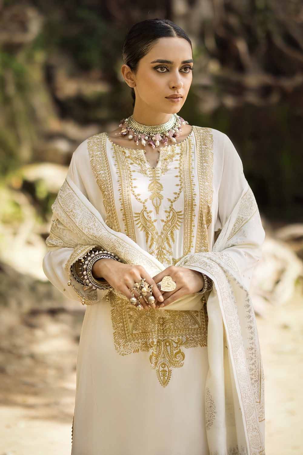 Gul Ahmed 3PC Embroidered Cotail Unstitched Suit with Gold and Silver Printed Pashmina Shawl AP-32091
