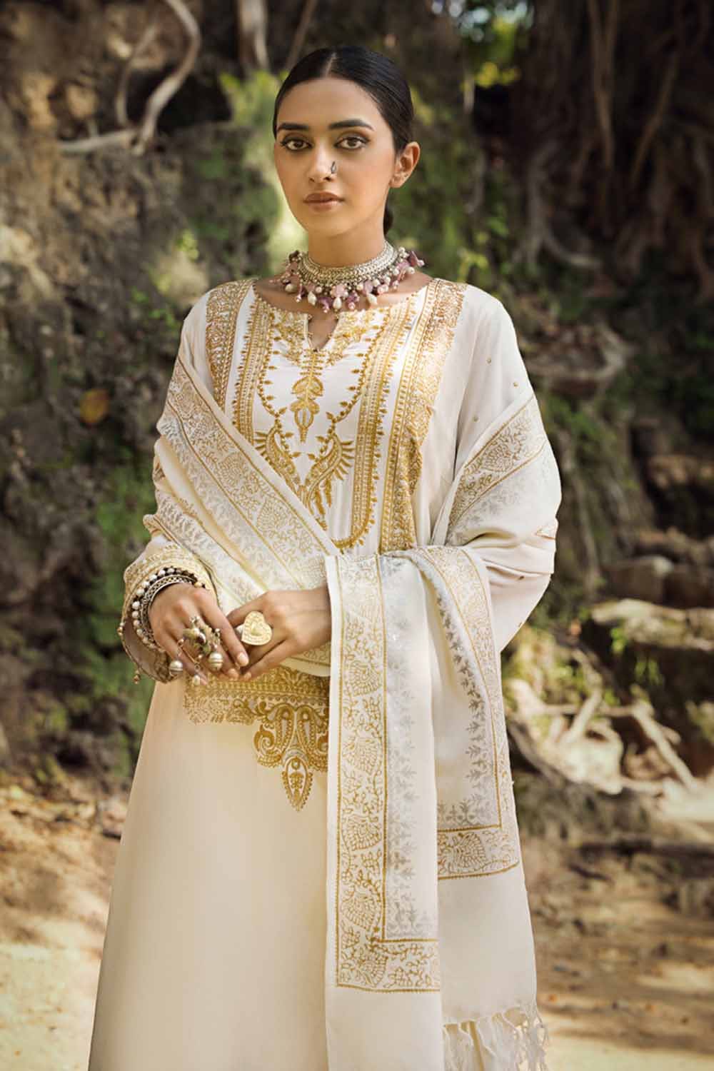 Gul Ahmed 3PC Embroidered Cotail Unstitched Suit with Gold and Silver Printed Pashmina Shawl AP-32091