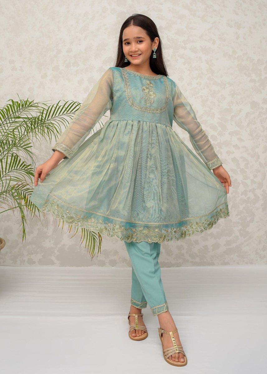 Modest Stitched Kid’s Green Maysuri Frock - 9025