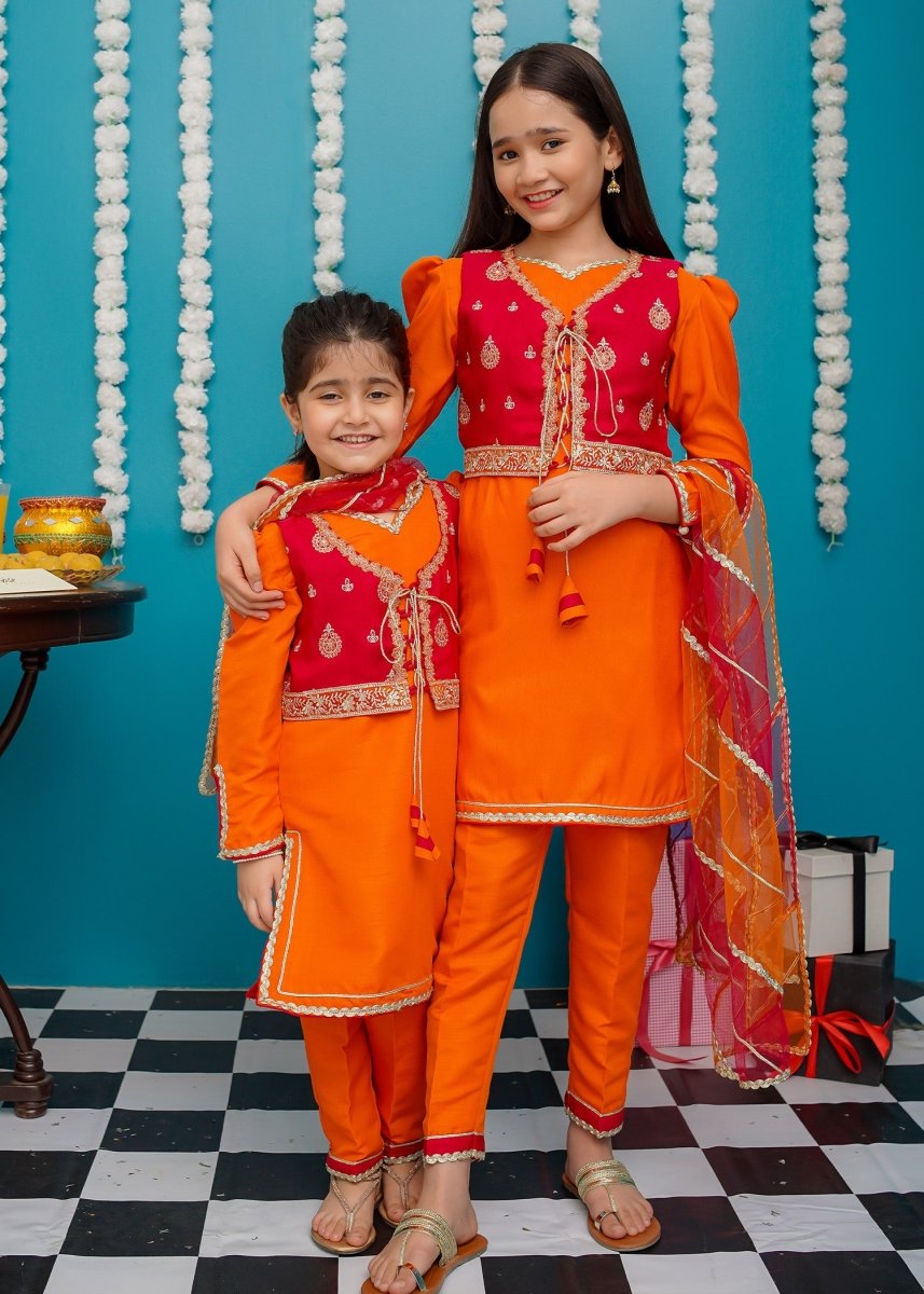 Modest Stitched Kid’s Toddler Orange Festive Dress - 9035