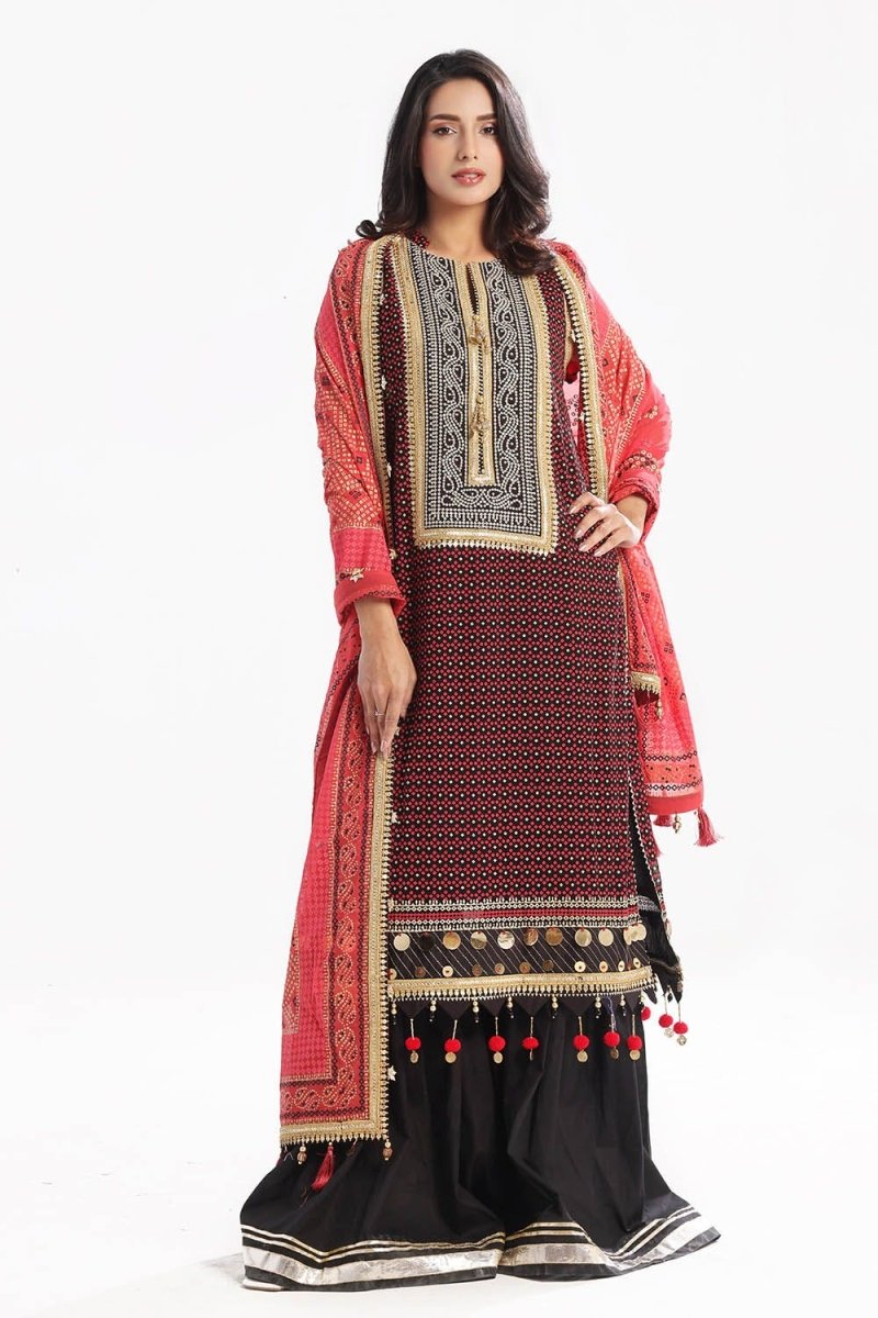 Gul Ahmed 3 Piece Unstitched Embroidered Chiffon Suit with Gold Lacquer Embroidered Printed Chiffon Dupatta BM-52017