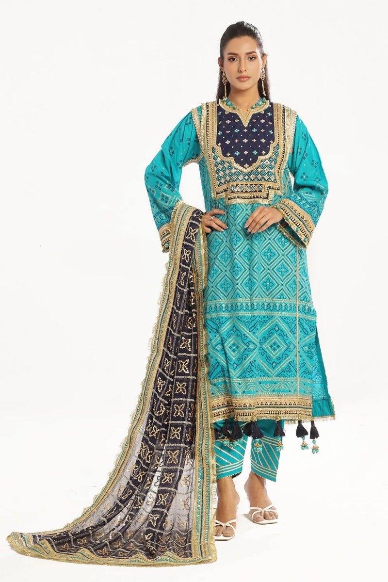 Gul Ahmed 3 Piece Unstitched Embroidered Lawn Suit with Zari Sequins Embroidered Chiffon Dupatta BM-52021