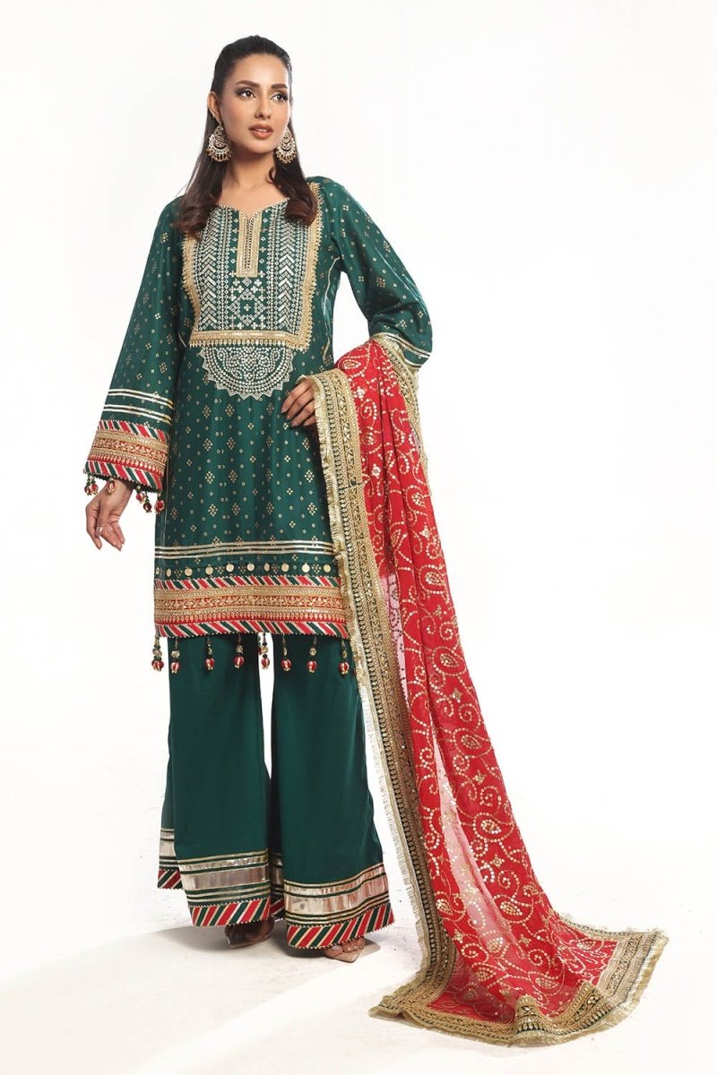 Gul Ahmed 3 Piece Unstitched Embroidered Lawn Suit with Zari Sequins Embroidered Chiffon Dupatta BM-52024