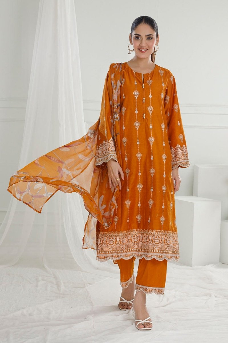 Gul Ahmed 3 Piece Unstitched Embroidered Lawn Suit with Printed Pure Silk Chiffon Dupatta C-52002