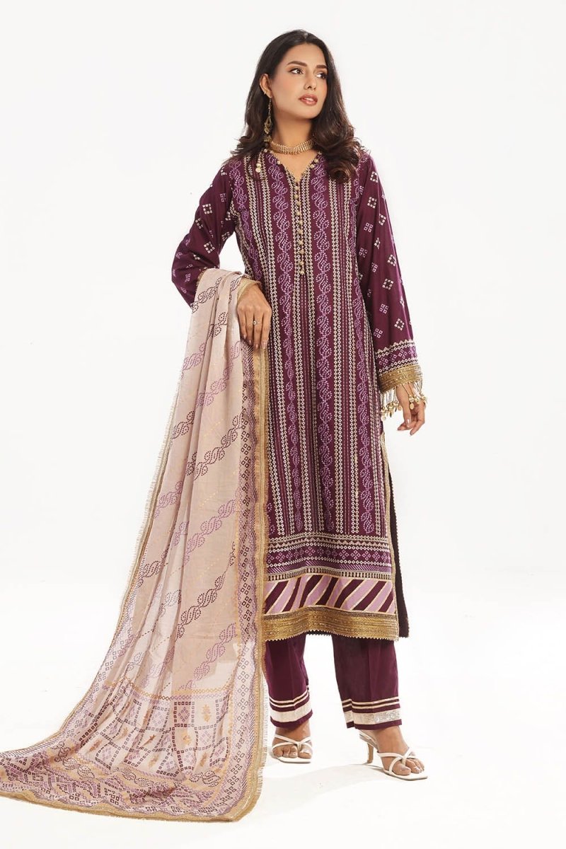 Gul Ahmed 3 Piece Unstitched Zari Embroidered Lawn Suit with Gold Printed Lawn Dupatta CL-52413