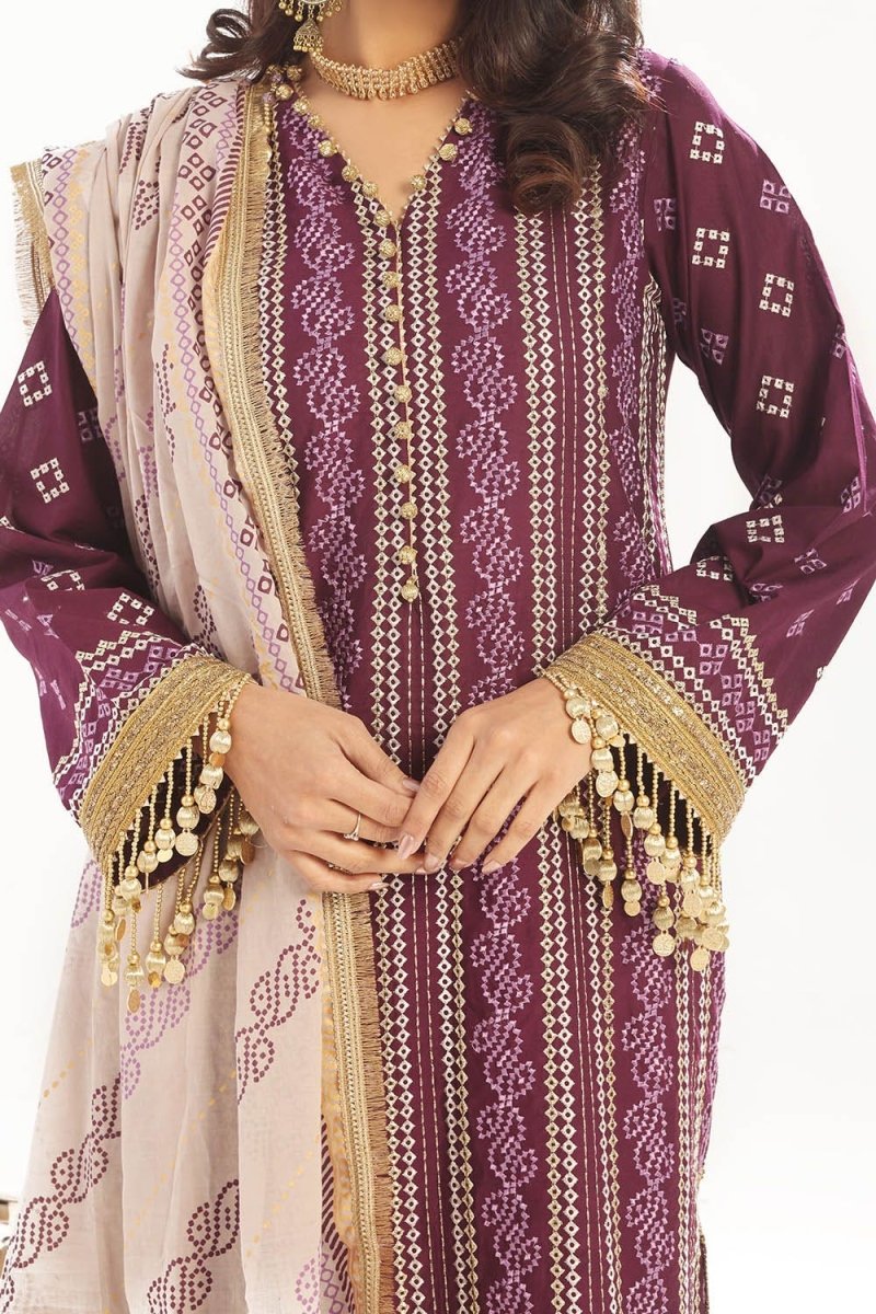 Gul Ahmed 3 Piece Unstitched Zari Embroidered Lawn Suit with Gold Printed Lawn Dupatta CL-52413