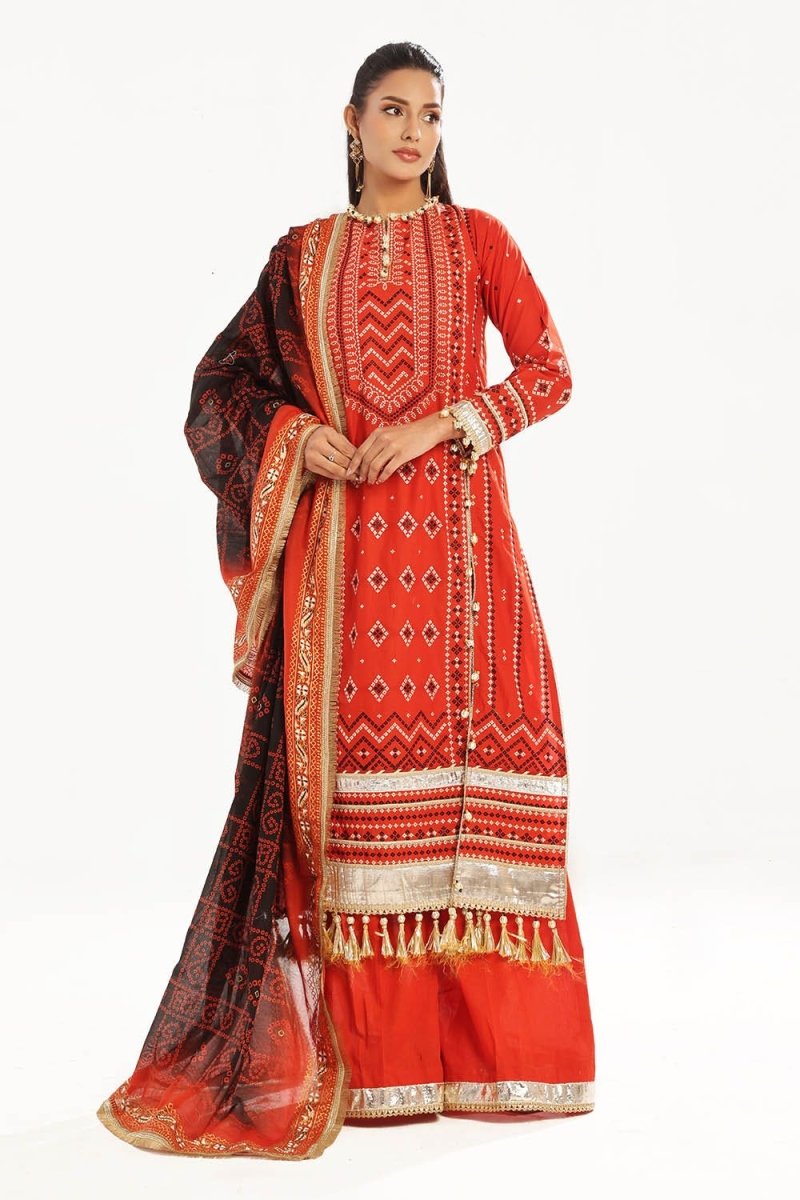 Gul Ahmed 3 Piece Unstitched Zari Embroidered Lawn Suit with Gold Lacquer Printed Lawn Dupatta CL-52443