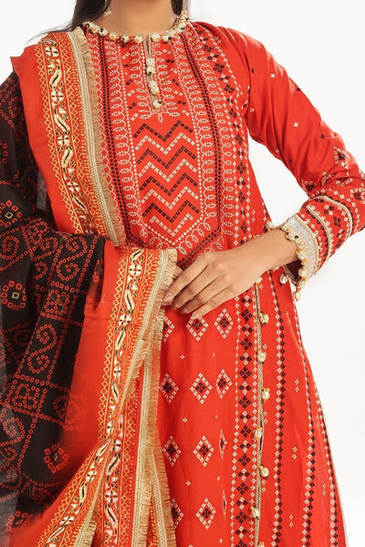 Gul Ahmed 3 Piece Unstitched Zari Embroidered Lawn Suit with Gold Lacquer Printed Lawn Dupatta CL-52443
