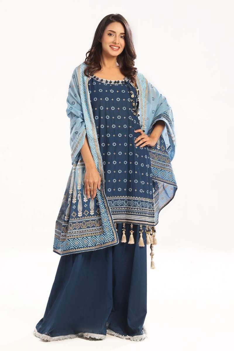 Gul Ahmed 3 Piece Unstitched Zari Embroidered Lawn Suit with Gold Lacquer Printed Lawn Dupatta CL-52444