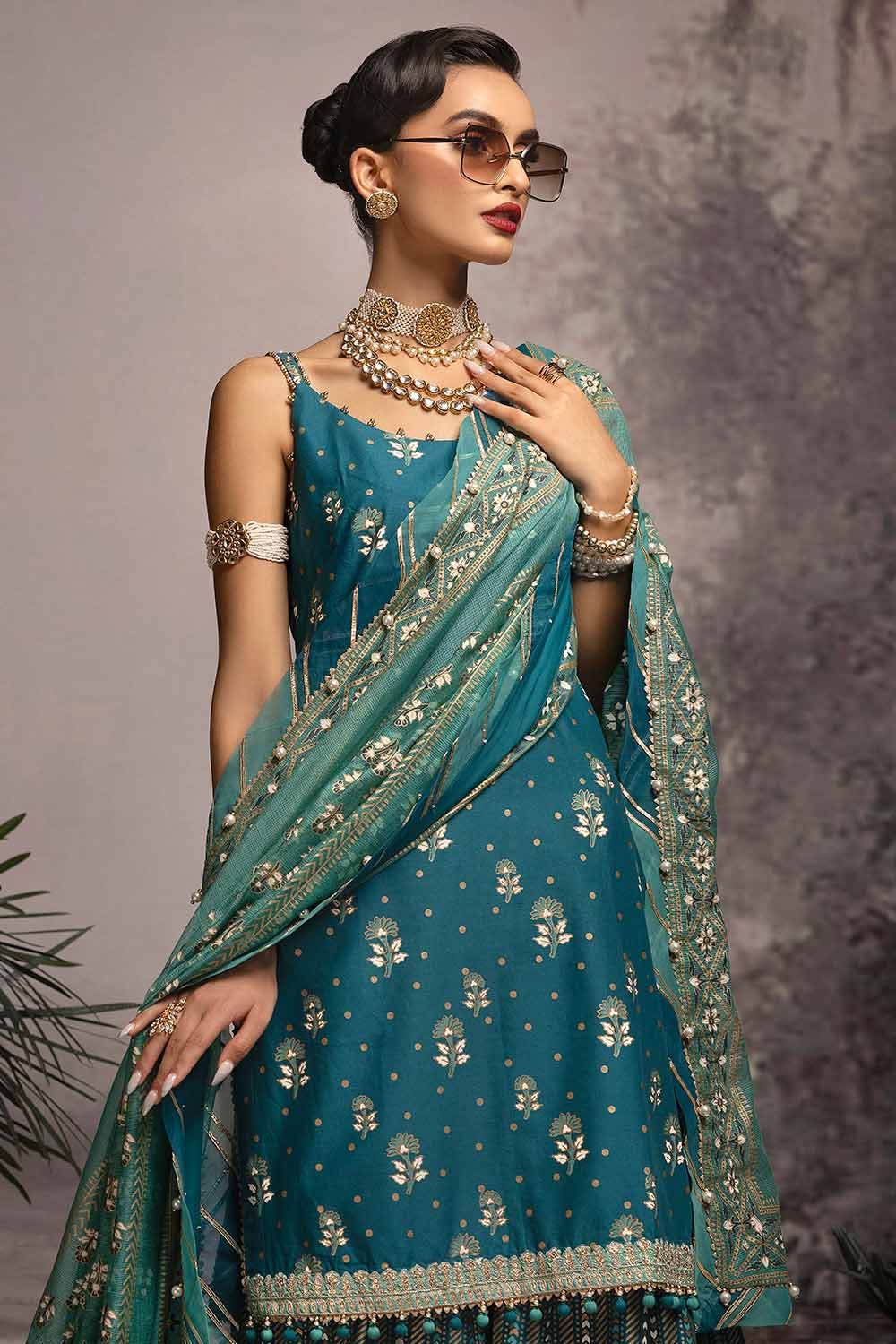 Gul Ahmed 3PC Embroidered Gold and Lacquer Printed Lawn Suit with Cotton Net Dupatta CN-32023