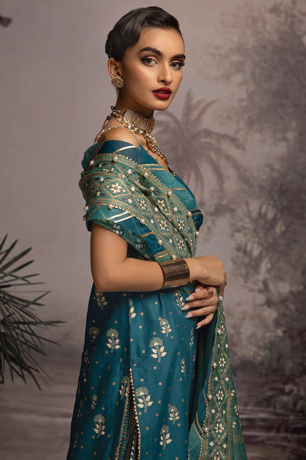 Gul Ahmed 3PC Embroidered Gold and Lacquer Printed Lawn Suit with Cotton Net Dupatta CN-32023