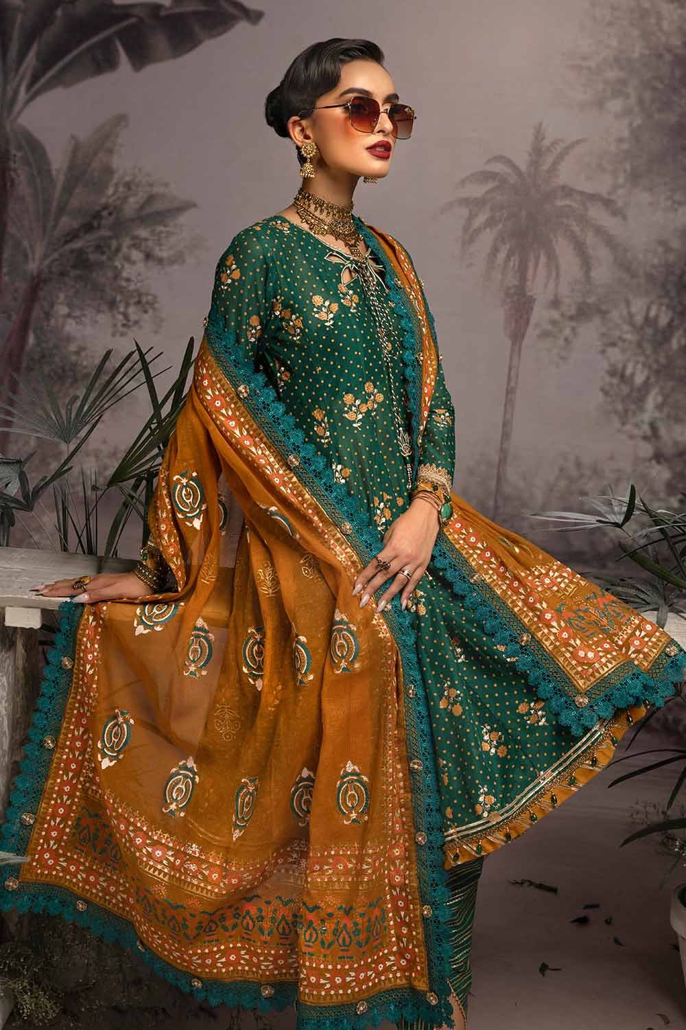 Gul Ahmed 3PC Embroidered Gold and Lacquer Printed Lawn Suit with Cotton Net Dupatta CN-32025