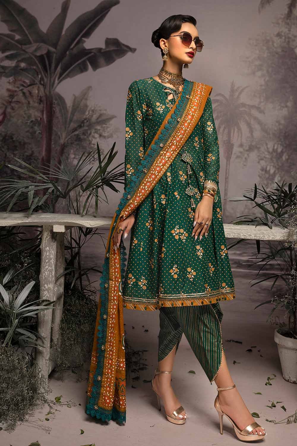 Gul Ahmed 3PC Embroidered Gold and Lacquer Printed Lawn Suit with Cotton Net Dupatta CN-32025