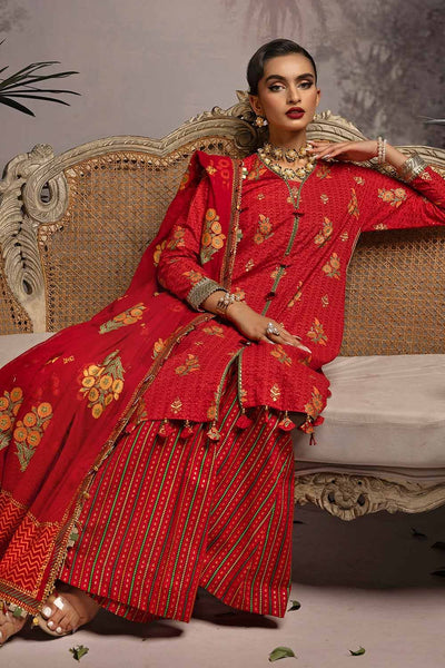 Gul Ahmed 3PC Embroidered Gold and Lacquer Printed Lawn Suit with Cotton Net Dupatta CN-32026