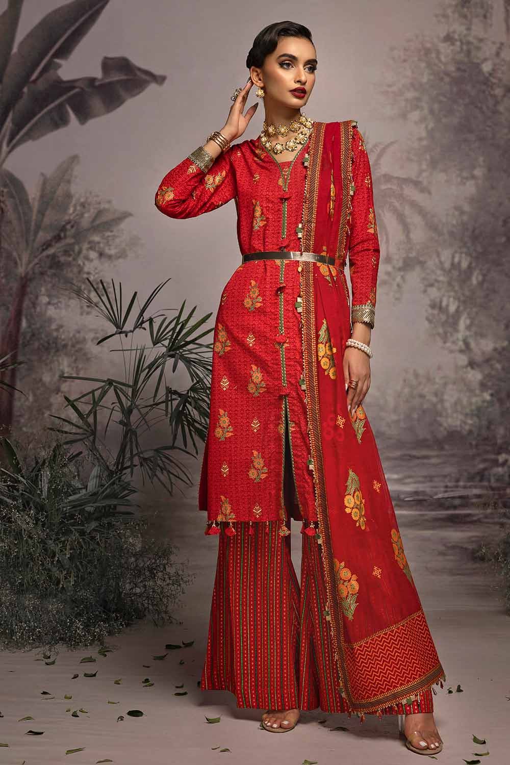 Gul Ahmed 3PC Embroidered Gold and Lacquer Printed Lawn Suit with Cotton Net Dupatta CN-32026