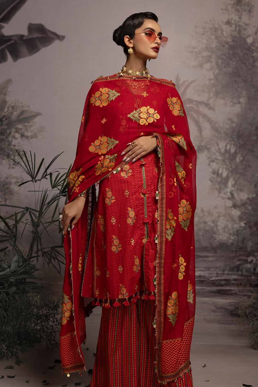 Gul Ahmed 3PC Embroidered Gold and Lacquer Printed Lawn Suit with Cotton Net Dupatta CN-32026