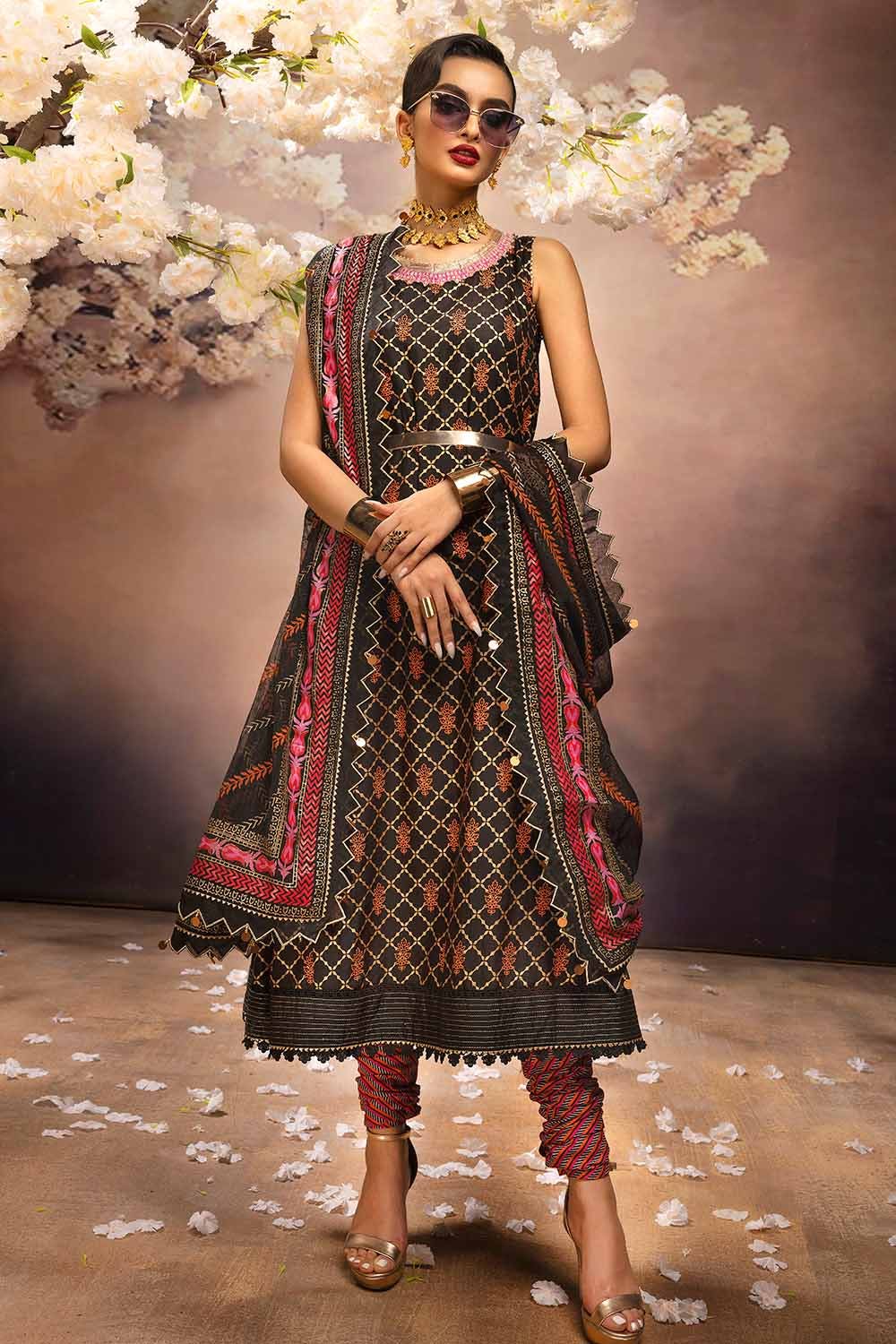 Gul Ahmed 3PC Embroidered Gold and Lacquer Printed Lawn Suit with Cotton Net Dupatta CN-32027