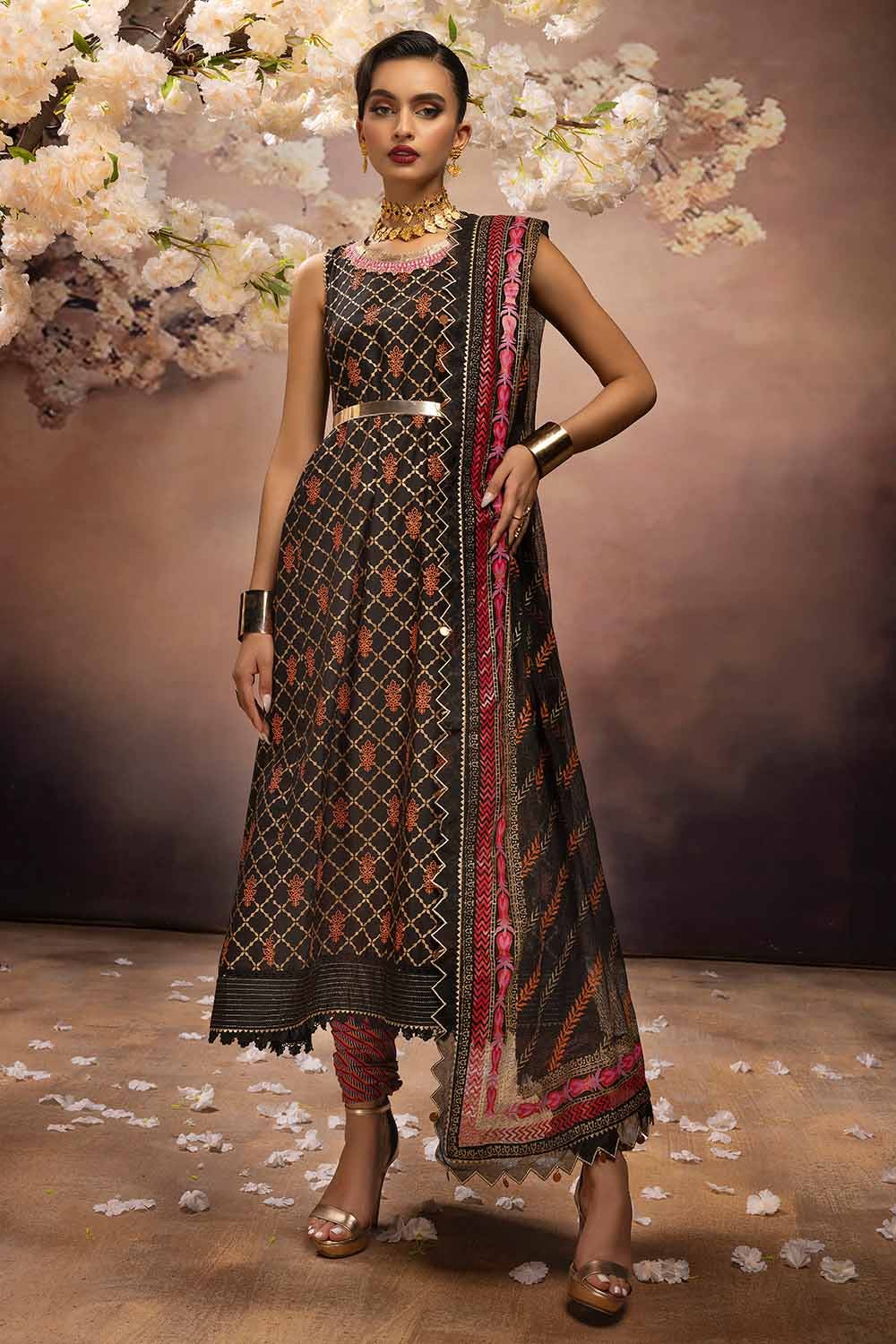 Gul Ahmed 3PC Embroidered Gold and Lacquer Printed Lawn Suit with Cotton Net Dupatta CN-32027