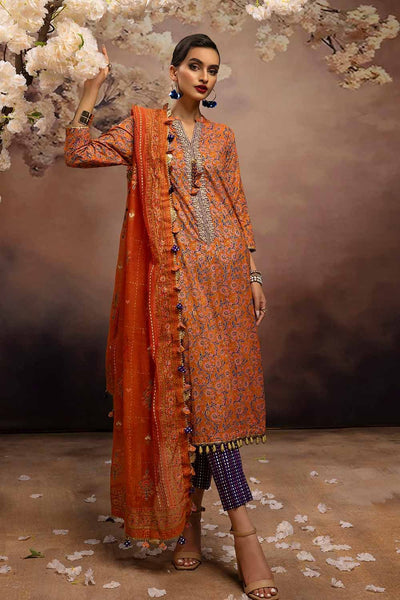 Gul Ahmed 3PC Embroidered Gold and Lacquer Printed Lawn Suit with Cotton Net Dupatta CN-32028