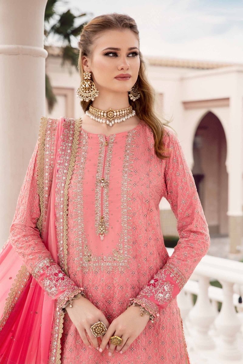 Maria. B 03 Piece Unstitched Embroidered Cotton Satin Suit - CST-701 Candy Pink