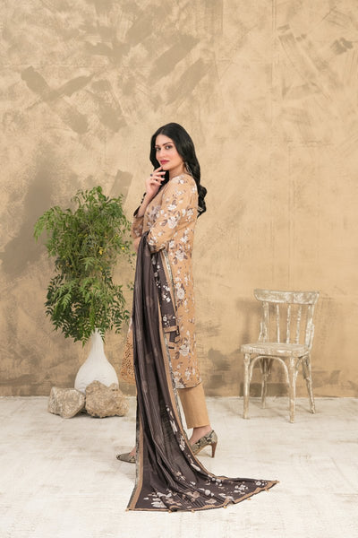 Tawakkal Fabrics 3 Piece Stitched Schiffli Embroidered Digital Printed Zari Khaddar Suit - D-1076