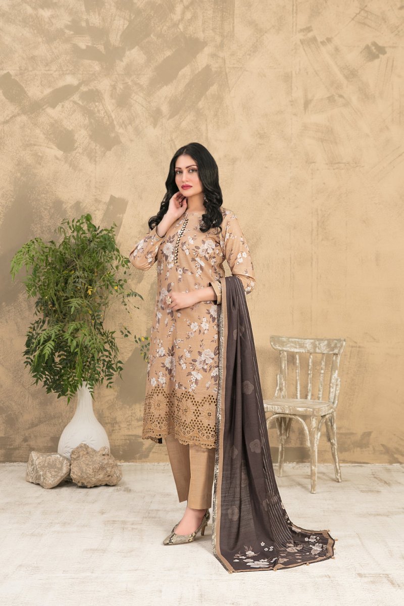 Tawakkal Fabrics 3 Piece Stitched Schiffli Embroidered Digital Printed Zari Khaddar Suit - D-1076