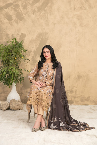 Tawakkal Fabrics 3 Piece Stitched Schiffli Embroidered Digital Printed Zari Khaddar Suit - D-1076
