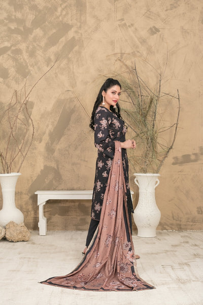 Tawakkal Fabrics 3 Piece Stitched Schiffli Embroidered Digital Printed Zari Khaddar Suit - D-1077