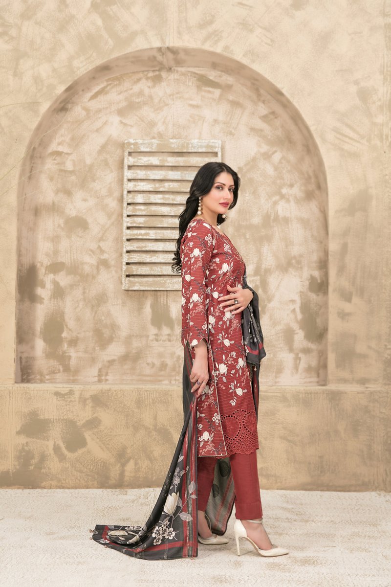 Tawakkal Fabrics 3 Piece Stitched Schiffli Embroidered Digital Printed Zari Khaddar Suit - D-1079