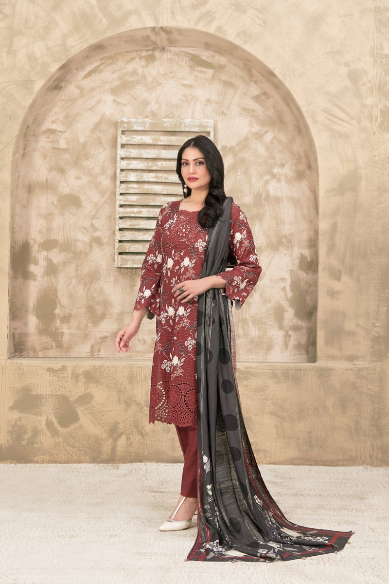Tawakkal Fabrics 3 Piece Stitched Schiffli Embroidered Digital Printed Zari Khaddar Suit - D-1079