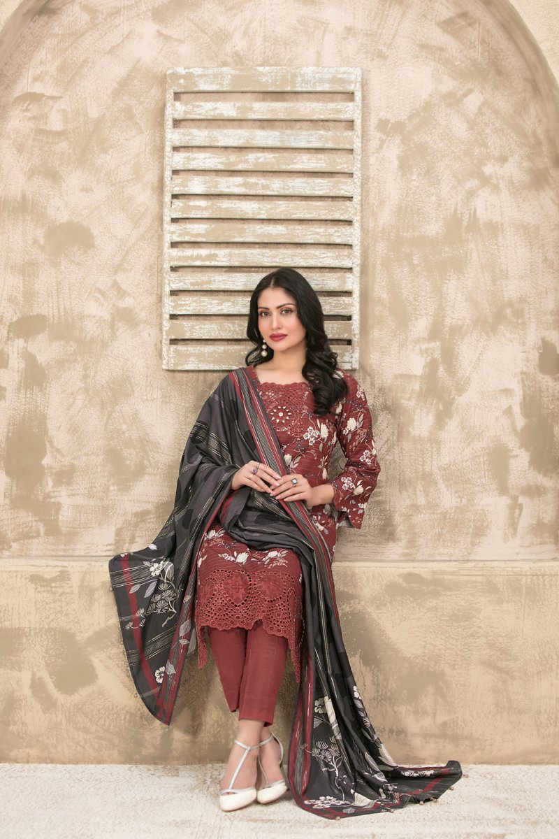 Tawakkal Fabrics 3 Piece Stitched Schiffli Embroidered Digital Printed Zari Khaddar Suit - D-1079