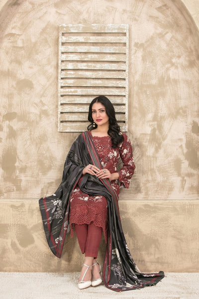 Tawakkal Fabrics 3 Piece Stitched Schiffli Embroidered Digital Printed Zari Khaddar Suit - D-1079