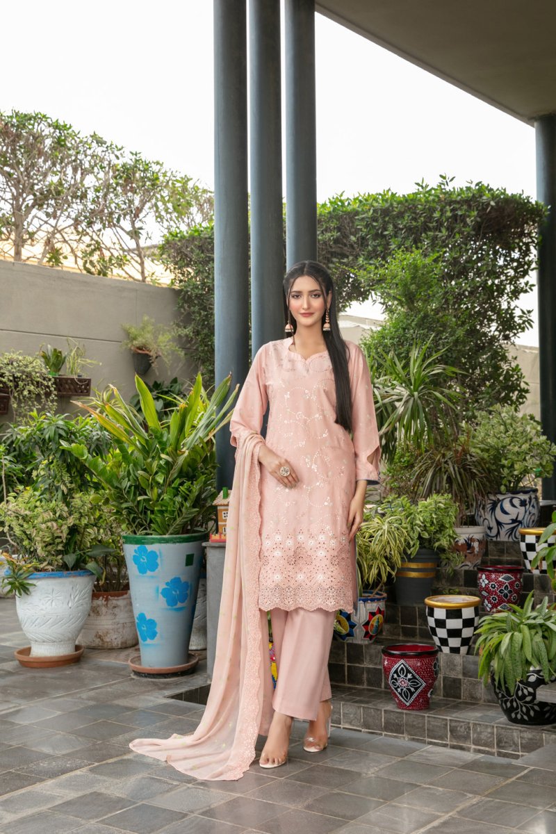 Tawakkal Fabrics 3 Piece Stitched jaal & Daman Embroidered Boti Broshia lawn Suit - D-1132