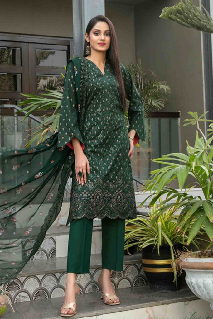 Tawakkal Fabrics 3 Piece Stitched jaal & Daman Embroidered Boti Broshia lawn Suit - D-1133