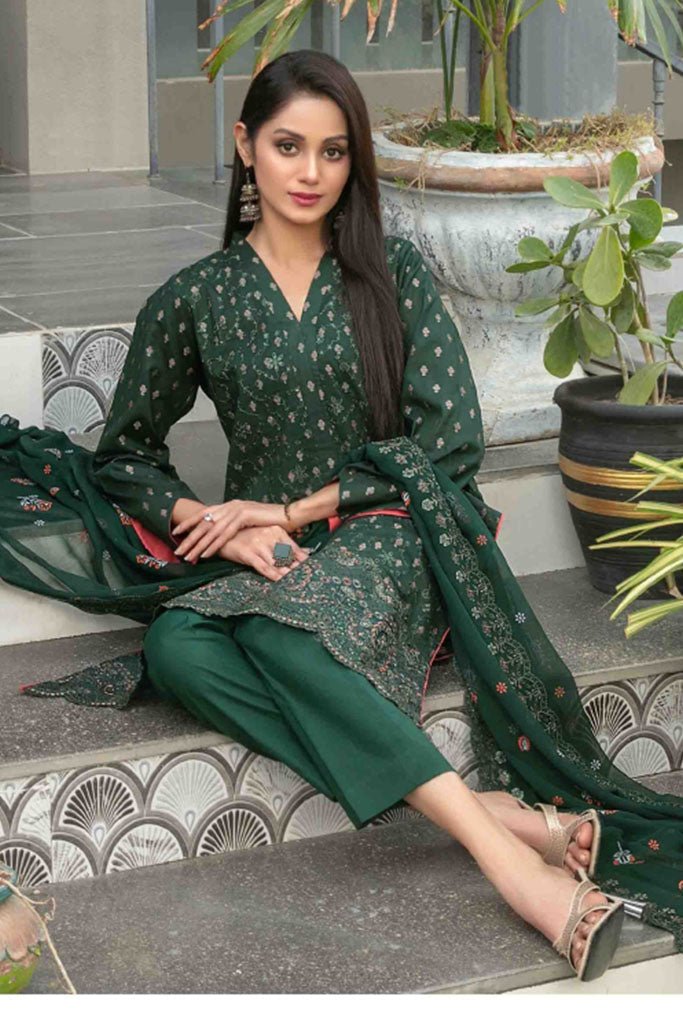 Tawakkal Fabrics 3 Piece Stitched jaal & Daman Embroidered Boti Broshia lawn Suit - D-1133