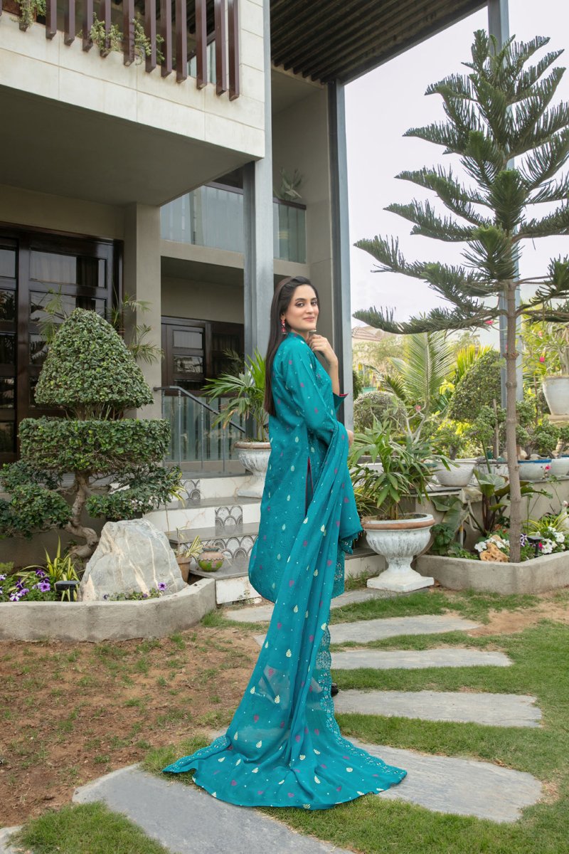 Tawakkal Fabrics 3 Piece Stitched jaal & Daman Embroidered Boti Broshia lawn Suit - D-1136
