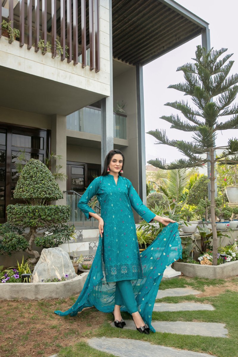 Tawakkal Fabrics 3 Piece Stitched jaal & Daman Embroidered Boti Broshia lawn Suit - D-1136