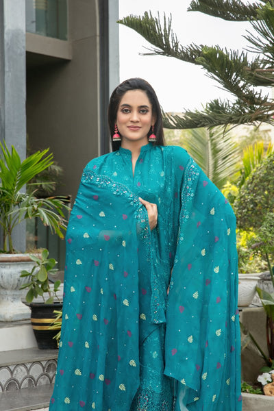 Tawakkal Fabrics 3 Piece Stitched jaal & Daman Embroidered Boti Broshia lawn Suit - D-1136