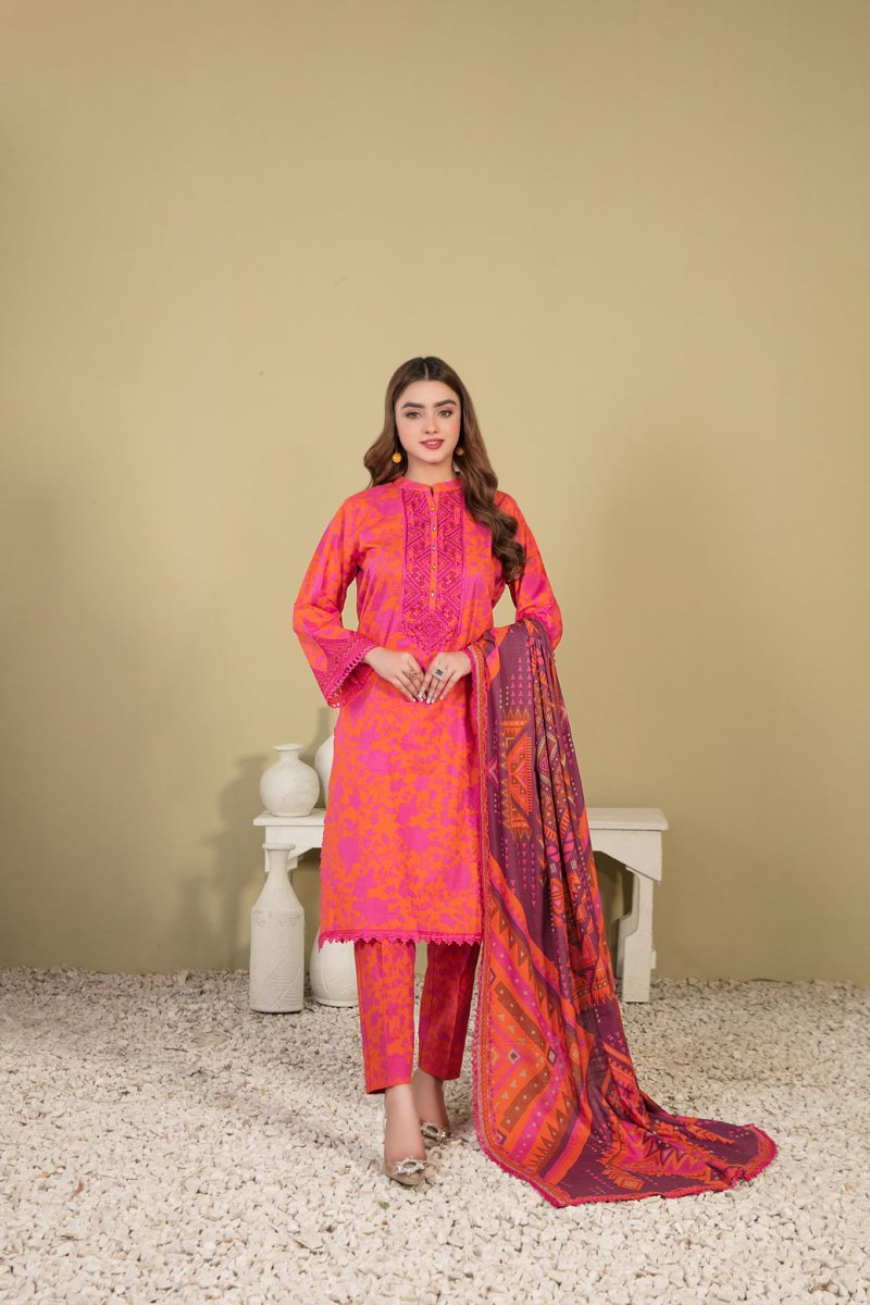 Tawakkal Fabrics 3 Piece Stitched Digital Printed Embroidered Khaddar Suit - D-1148
