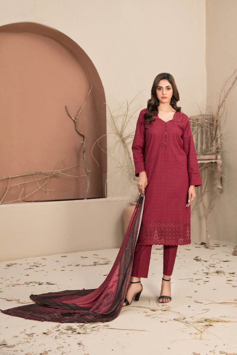 Tawakkal Fabrics 3 Piece Stitched Schiffli Embroidered Khaddar Suit - D-1243