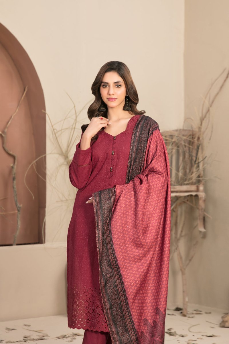 Tawakkal Fabrics 3 Piece Stitched Schiffli Embroidered Khaddar Suit - D-1243