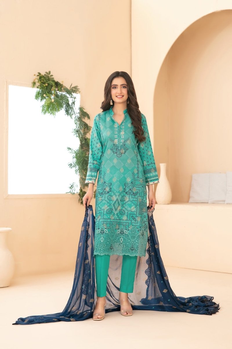 Tawakkal Fabrics 3 Piece Stitched Embroidered Digital Printed Broshia Lawn Suit - D-1351