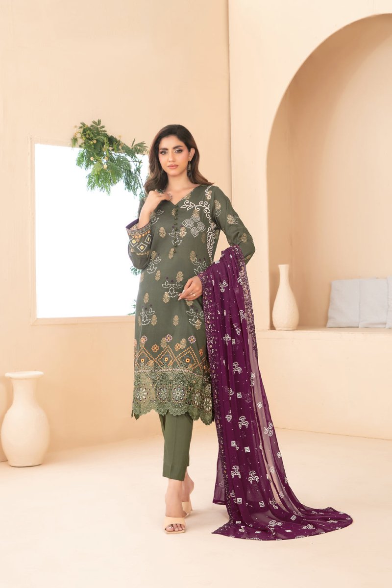 Tawakkal Fabrics 3 Piece Stitched Embroidered Digital Printed Broshia Lawn Suit - D-1354