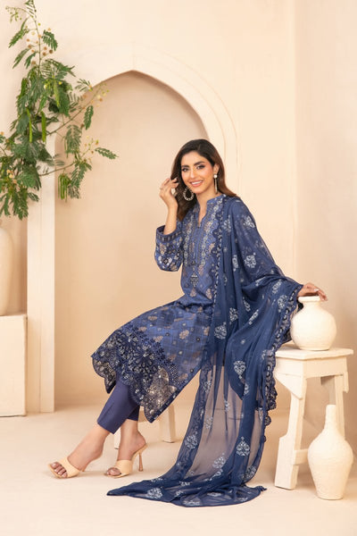 Tawakkal Fabrics 3 Piece Stitched Embroidered Digital Printed Broshia Lawn Suit - D-1358