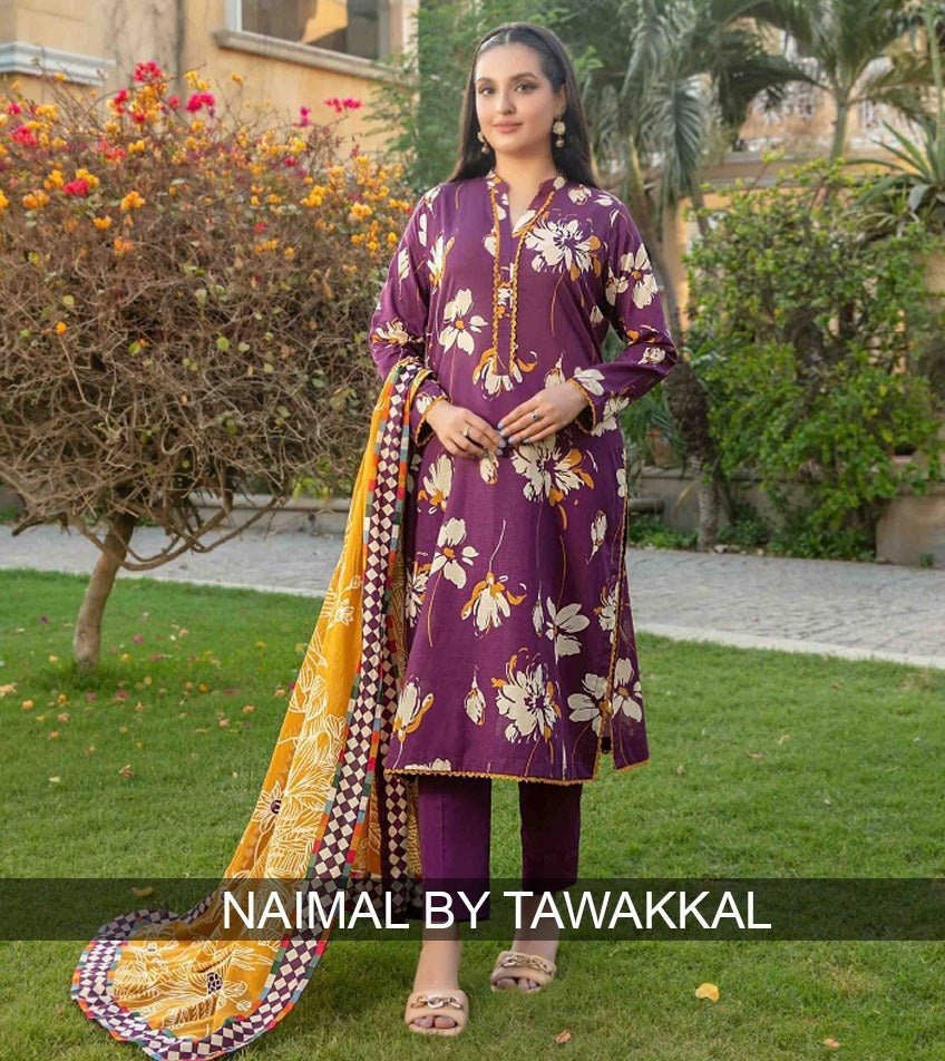 Tawakkal Fabrics 3 Piece Stitched Digital Printed Bana Dora Slub Lawn Suit - D-1506