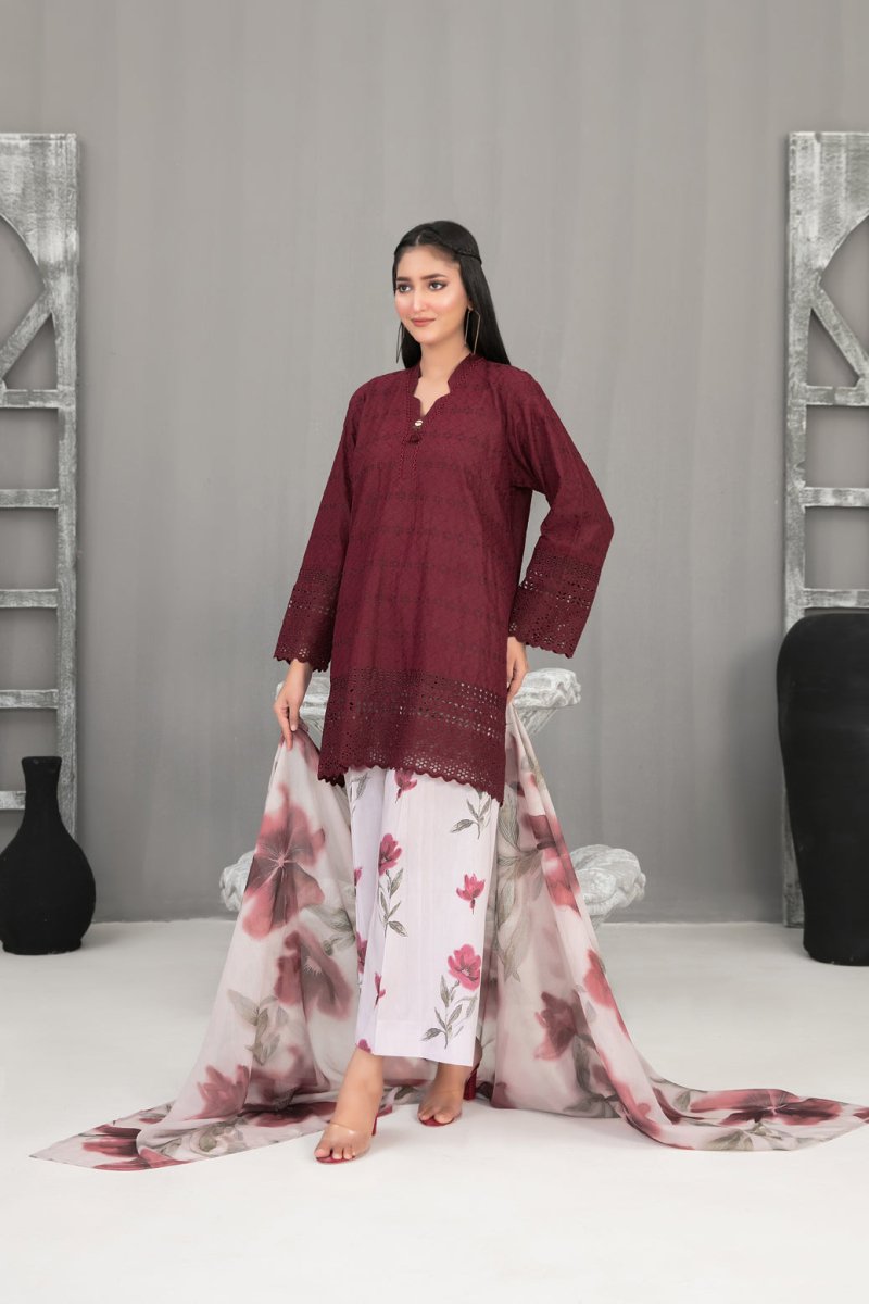 Tawakkal Fabrics 3 Piece Stitched Schiffli Embroidered Lawn Suit - D-2095
