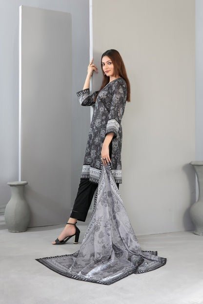 Tawakkal Fabrics 3 Piece Stitched Monochrome Digital Printed Lawn Suit - D-2191