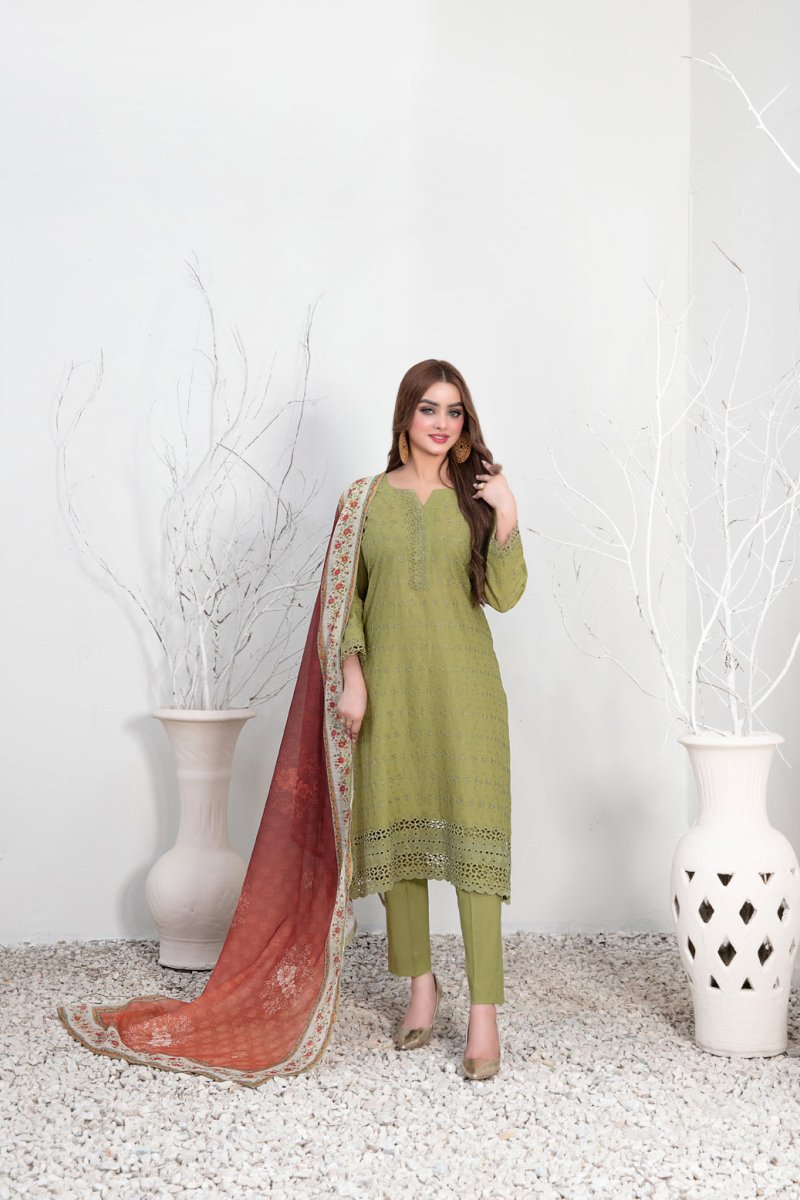 Tawakkal Fabrics 3 Piece Stitched Schiffli Embroidered Lawn Suit - D-3548
